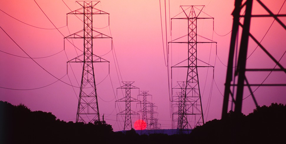 electricity pylons at sunset