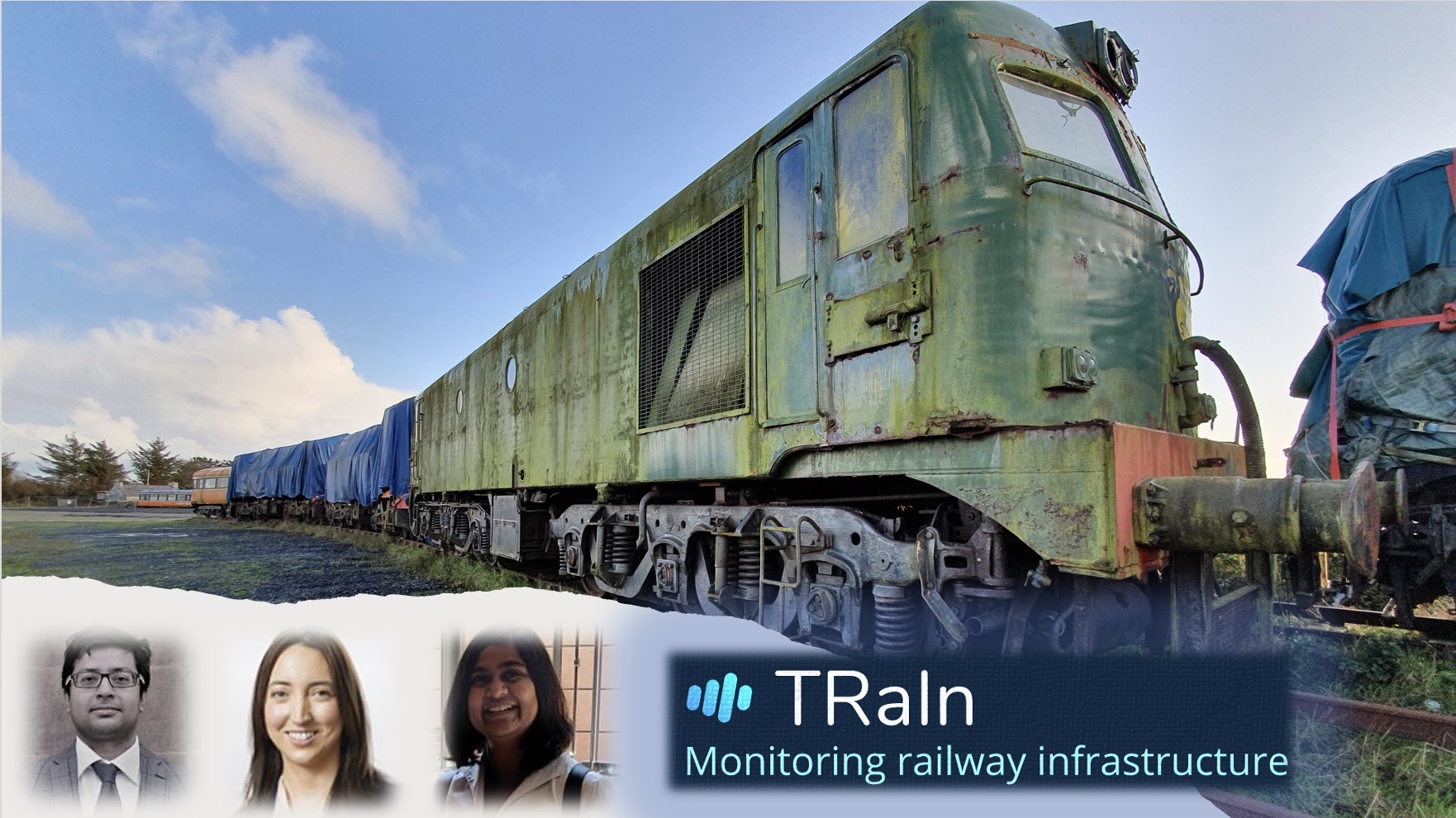 composite of an aged train with photographs of the team's researchers