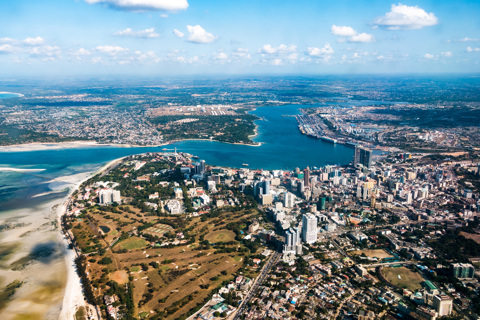 Aerial view of river bend in Dar es Salaam city