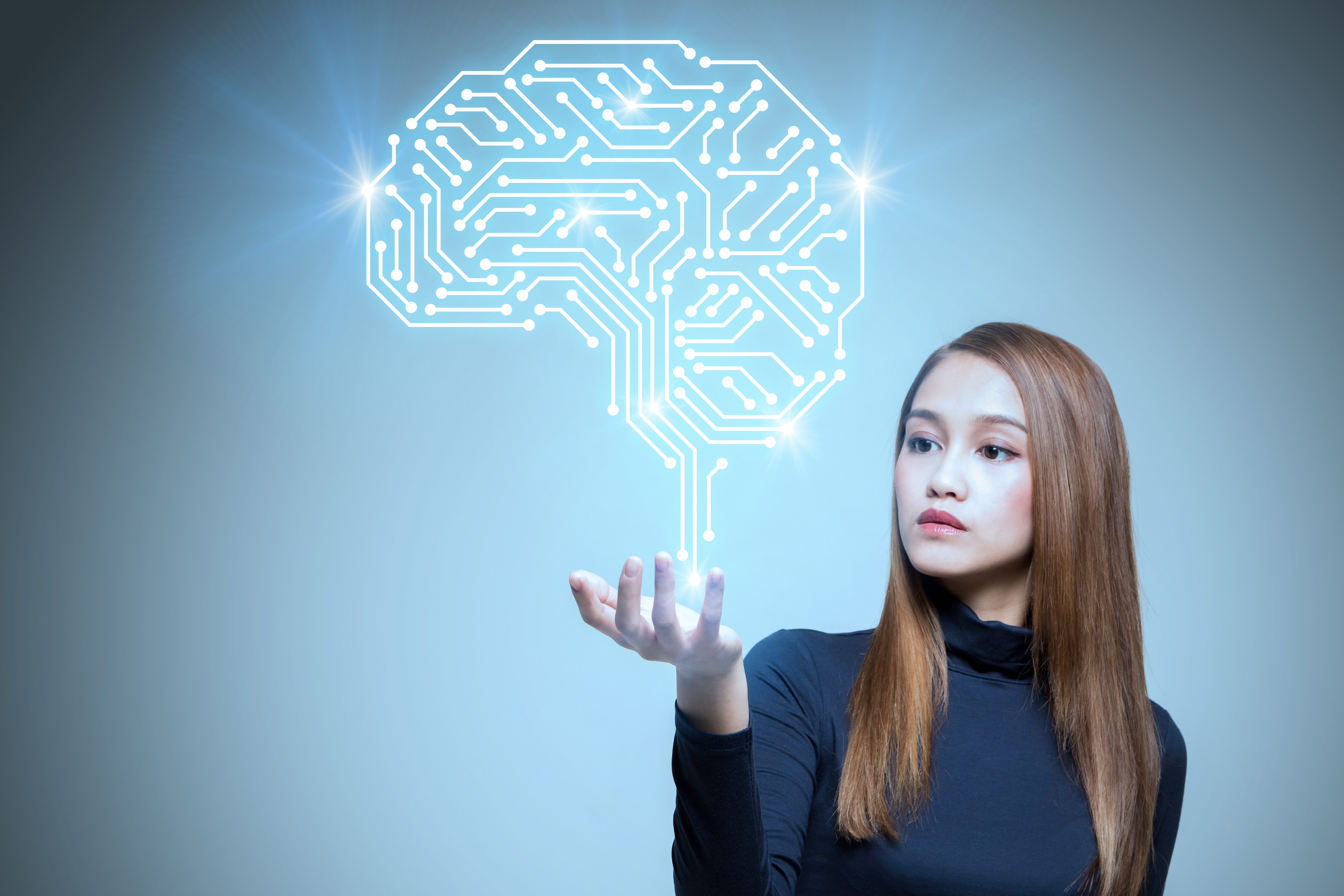 composite including photograph of a woman and computer wireframe