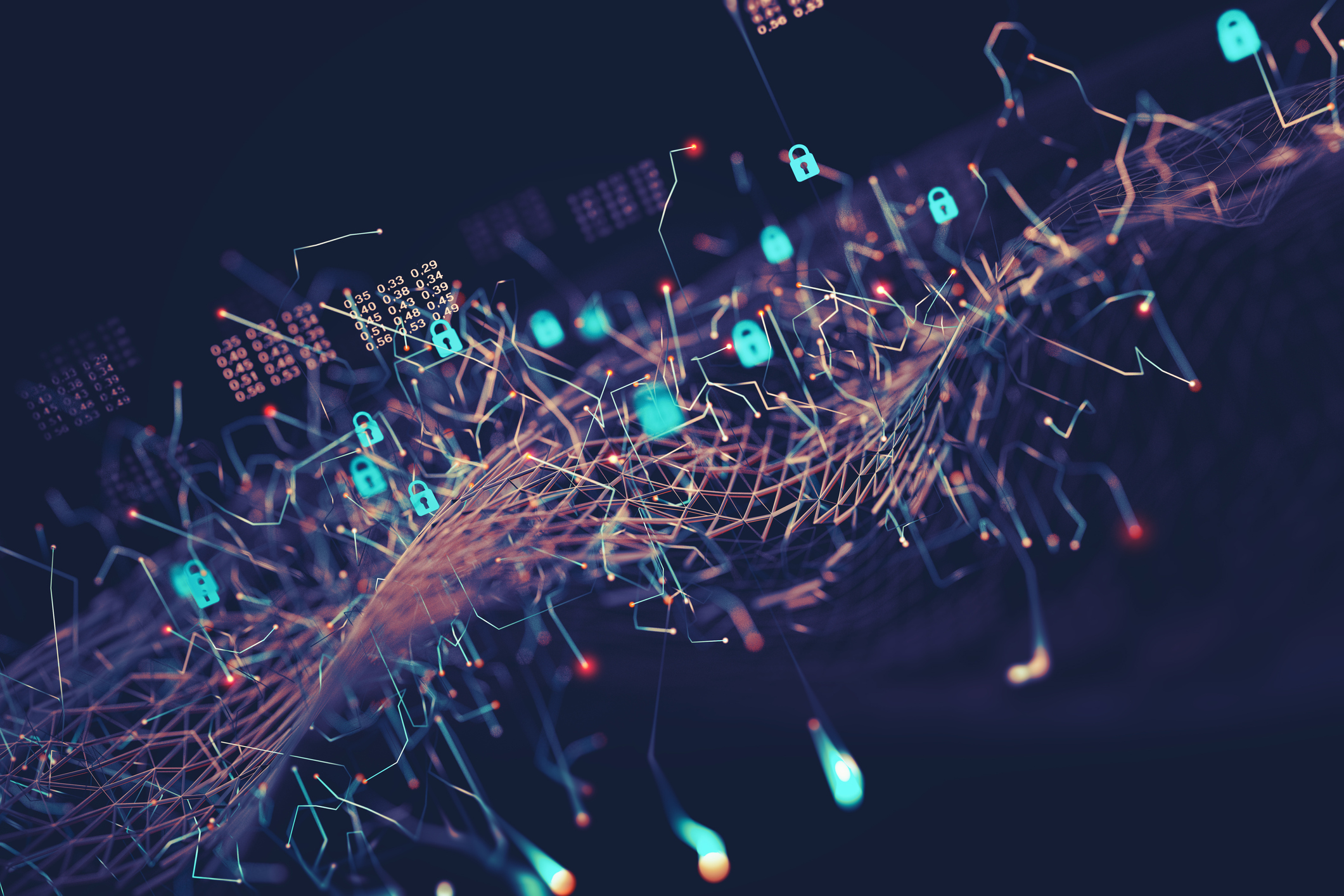 abstract image of twisted shape with computer data and padlocks highlighted