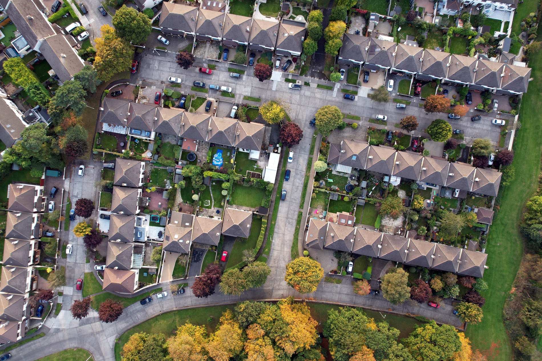 aerial view of urban area with some trees visible in gardens