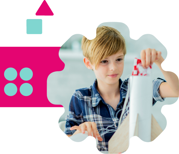 Boy building a rocket surrounded by pink and green squares and circles