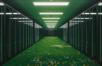 Conceptual image of green server room with grass and wildflowers growing on the floor of the data centre