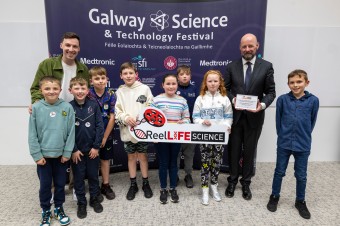 Picture of professor Philip Nolan with winners of  ReelLIFE SCIENCE video competition 