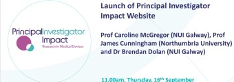 An advertisement on Cúram Webinar. It says: Launch of Principal Investigator Impact Website. Prof Caroline McGregor (NUI Galway), Prof James Cunninghara (Northumbria University), and Dr Brendan Dolan (NUI Galway). 11am, Thursday 16th September. Hosted by Cúram. Zoom Meeting ID: 954 7010 6883