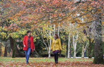 Two people walking in a park with trees turning brown in the autumn.
