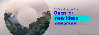 An abstract Image of a rainforest from above with SFI Future Innovator Prize, open for new ideas engaging, written on the right side.