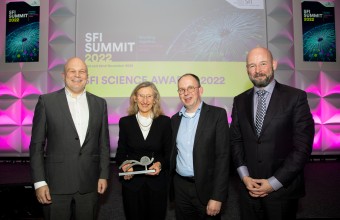 Chairman of the SFI Board, Prof J. Peter Clinch, with SFI Researcher of the Year and Head of the Academic Unit of Neurology (TCD), Prof Orla Hardiman, Professor of Inorganic and Materials Chemistry (TCD), Wolfgang Schmitt, and Director General of SFI, Prof Philip Nolan.
