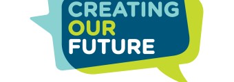 The image shows a logo with a light blue speech bubble intersecting a green speech bubble with the words Creating our Future written in the speech bubble. Underneath the logo it says A National Conversation on Research in Ireland