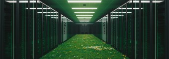 Conceptual image of green server room with grass and wildflowers growing on the floor of the data centre