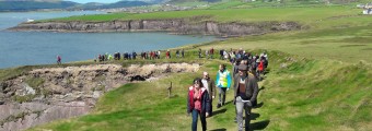 Image of big group of people walking on grass near cliff edge