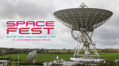 A picture of a of a communications dish and the Space Fest Logo