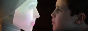 Image of a young person looking at an AI face