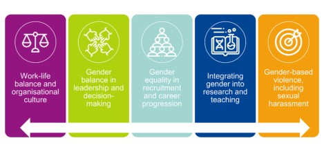 Figure 2:  The following five thematic areas are recommended by the European Commission for GEP content. An image of a weighing scales representing work-life balance and organisational culture: 	Four hands in a circle representing gender balance in leadership and decision-making. A cartoon representing a pyramid of workers to promote gender equality in recruitment and career progression. A cartoon to represent the lab/teaching activities to promote the integration of the gender dimension into research and teaching content. A dart board image to represent the focus to act on measures against gender-based violence including sexual harassment