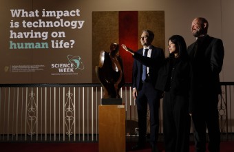 Pictured (l-r): Minister for Further and Higher Education, Research, Innovation and Science, Simon Harris TD; DCU student, Jia Wen Cheng; and Prof Philip Nolan, Director General, SFI.