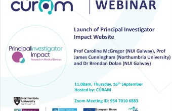 An advertisement on Cúram Webinar. It says: Launch of Principal Investigator Impact Website. Prof Caroline McGregor (NUI Galway), Prof James Cunninghara (Northumbria University), and Dr Brendan Dolan (NUI Galway). 11am, Thursday 16th September. Hosted by Cúram. Zoom Meeting ID: 954 7010 6883