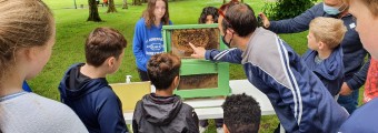 Many children and bee keeper standing looking and pointing at bees in their bee home