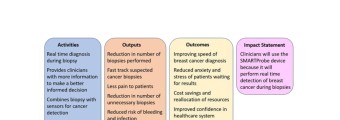 table detailing activities, outputs, outcomes and impacts of the project. 