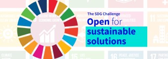 Open for sustainable solutions title displayed beside a multicoloured wheel 