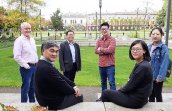 An image of Prof John Boland, Dr Jing Jing Wang, Prof Liwen Xiao, Dr Dunzhu Li, Dr Yunhong Shi, and Dr Luming Yang standing and sitting in a group outdoors