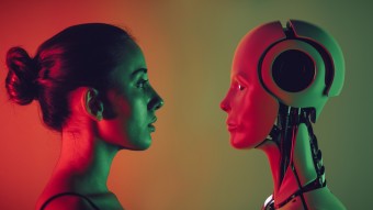 Picture of a woman facing a robot in a red and green background