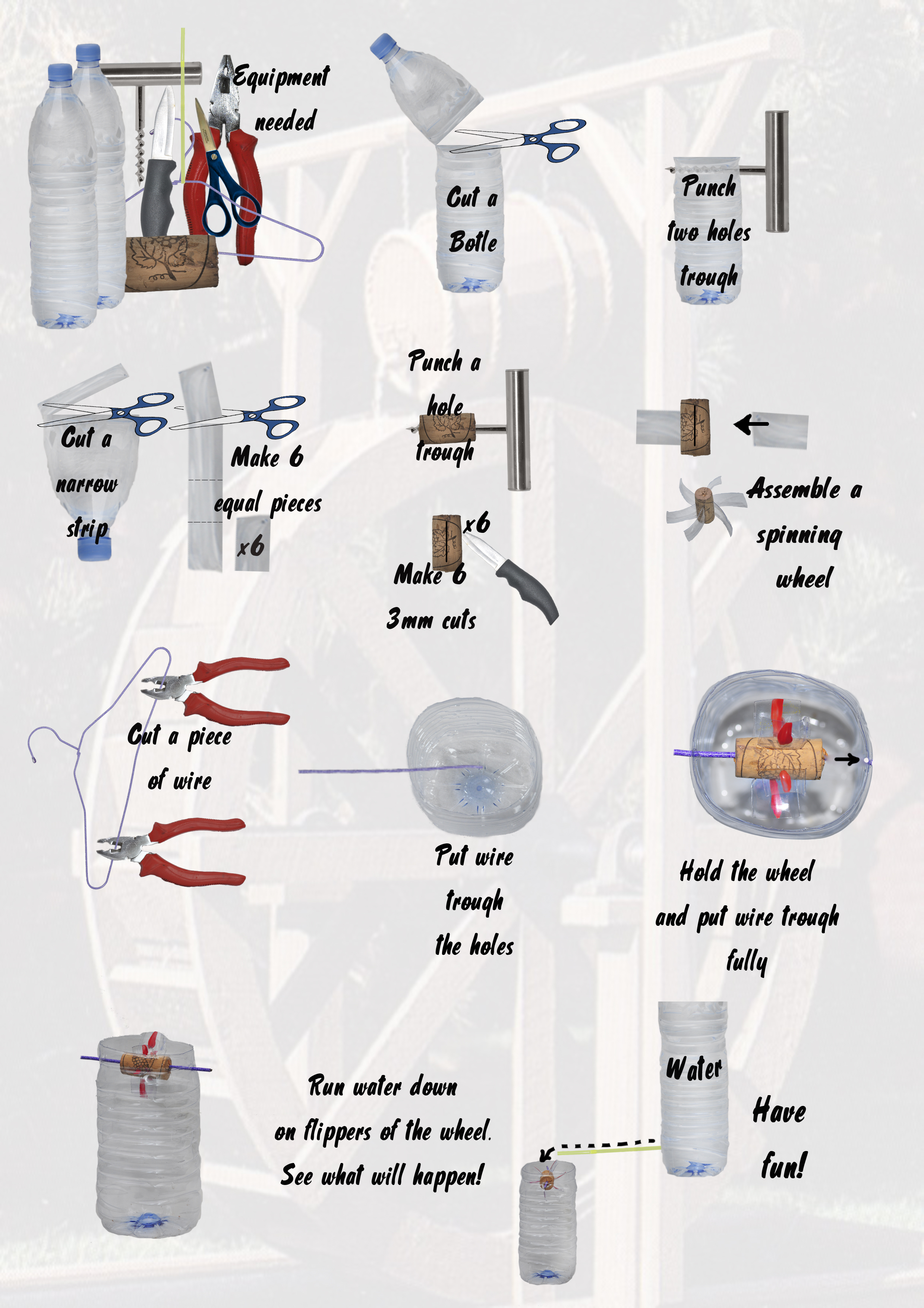 Instructions on how to create an Airfield Water Wheel using a plastic bottle